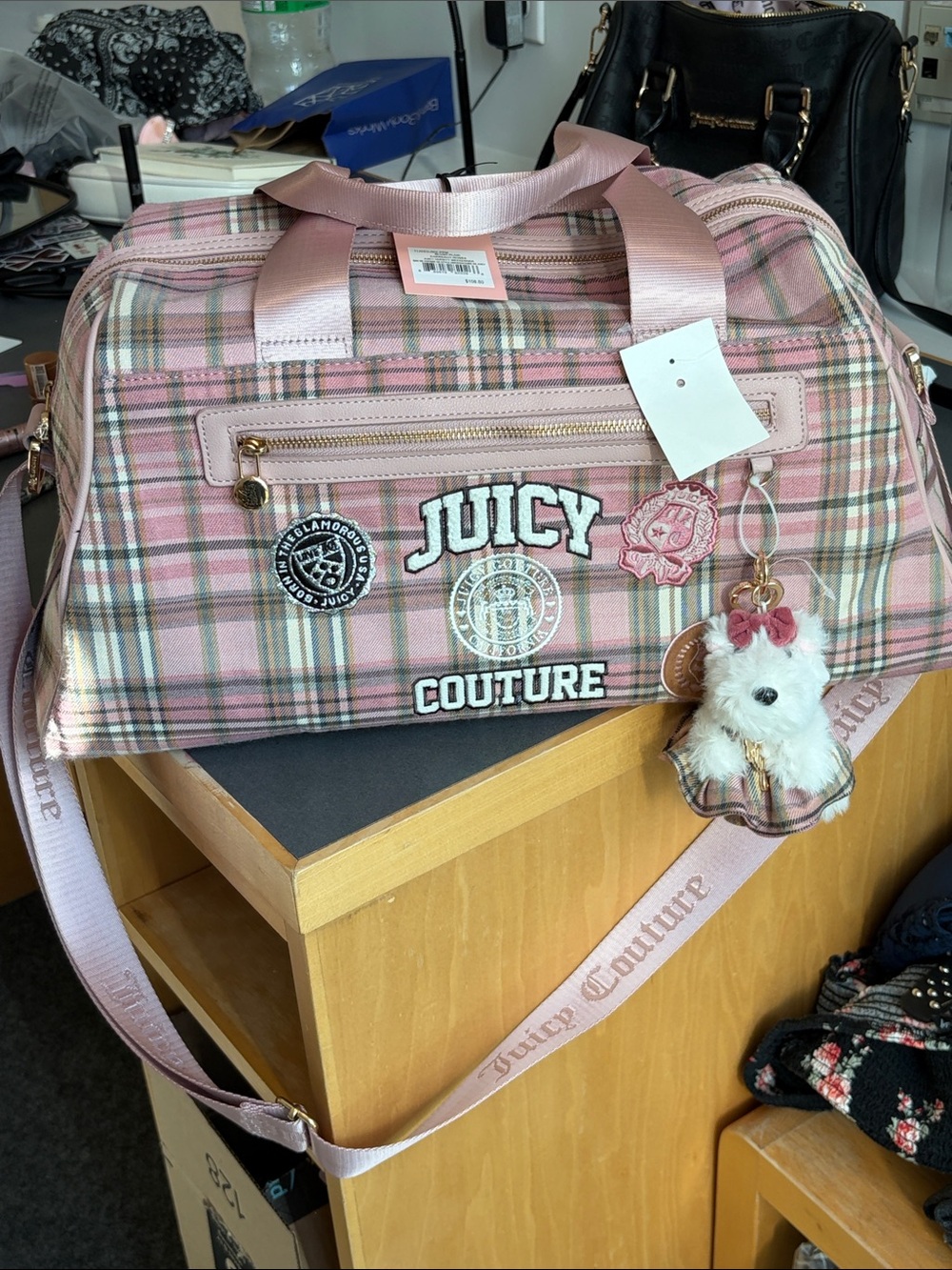 Juicy Couture Pink Plaid Travel Duffel with Charm